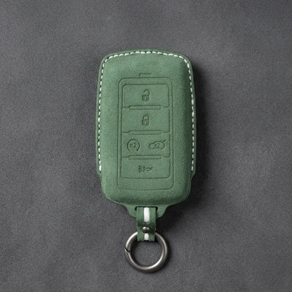 Jeep Hand-Stitched Alcantara Key Fob Cover – Vertical 5-Button Smart Key Dark Green