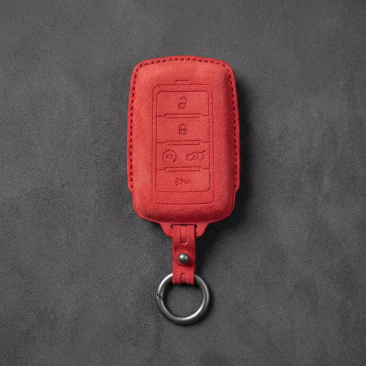 Jeep Hand-Stitched Alcantara Key Fob Cover – Vertical 5-Button Smart Key Red