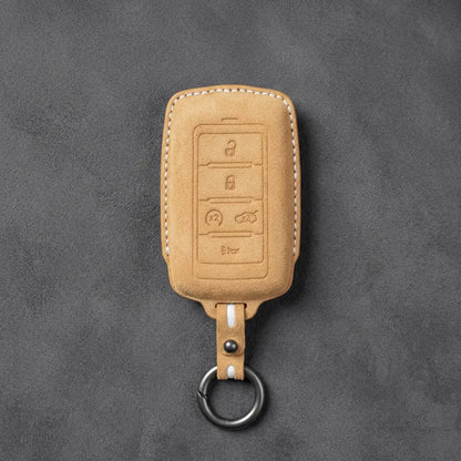 Jeep Hand-Stitched Alcantara Key Fob Cover – Vertical 5-Button Smart Key Soft Brown