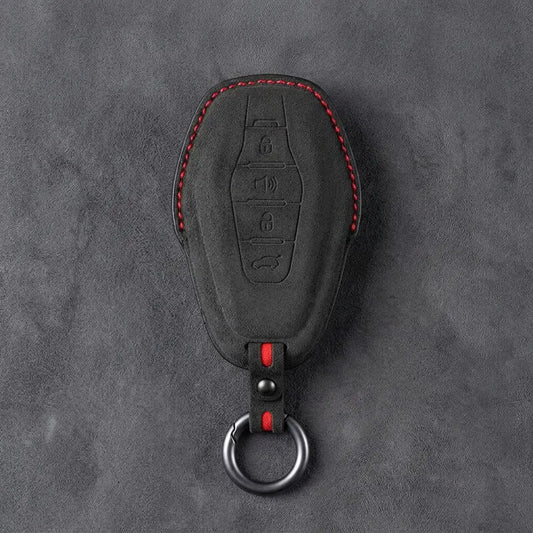 Jetour Hand-Stitched Alcantara Key Fob Cover – 4-Button Smart Key - Dark Charcoal