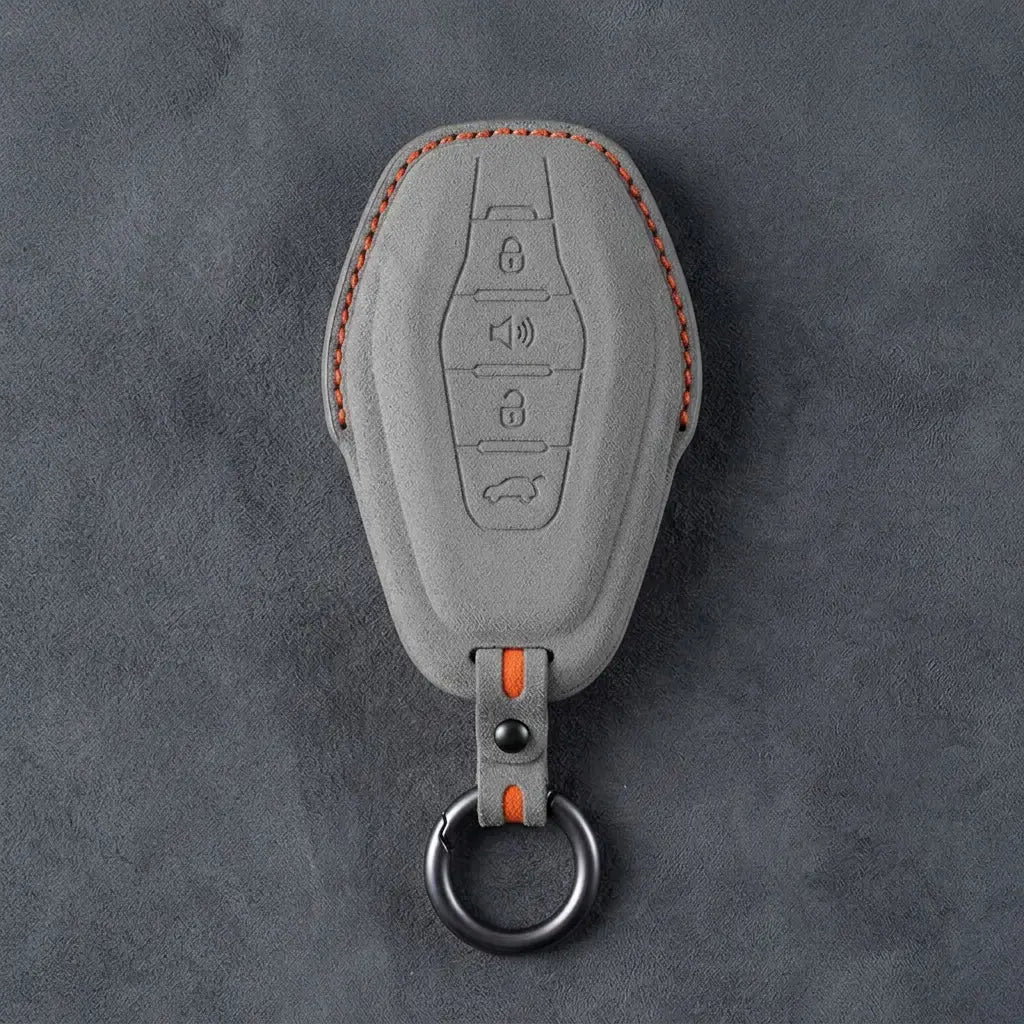 Jetour Hand-Stitched Alcantara Key Fob Cover – 4-Button Smart Key - Dark Gray