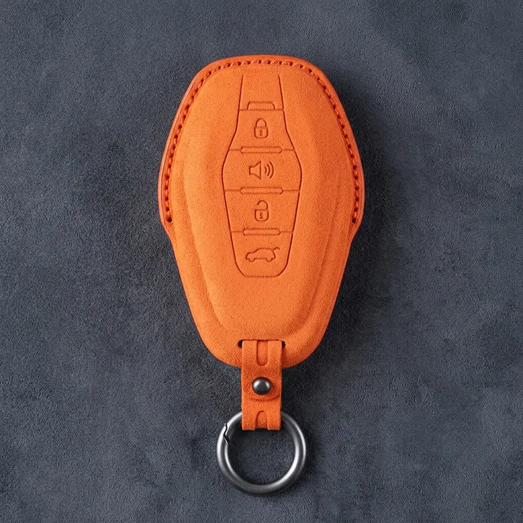 Jetour Hand-Stitched Alcantara Key Fob Cover – 4-Button Smart Key - Orange