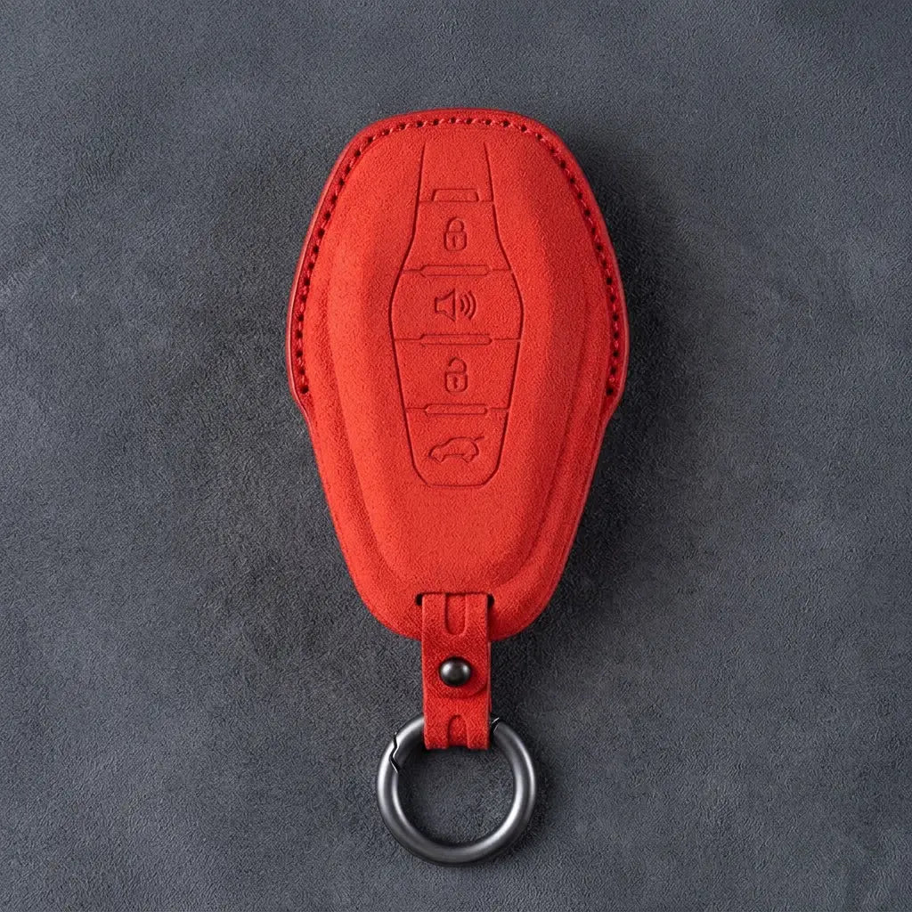 Jetour Hand-Stitched Alcantara Key Fob Cover – 4-Button Smart Key - Red