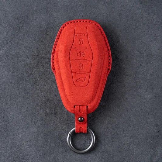 Jetour Hand-Stitched Alcantara Key Fob Cover – 4-Button Smart Key - Red