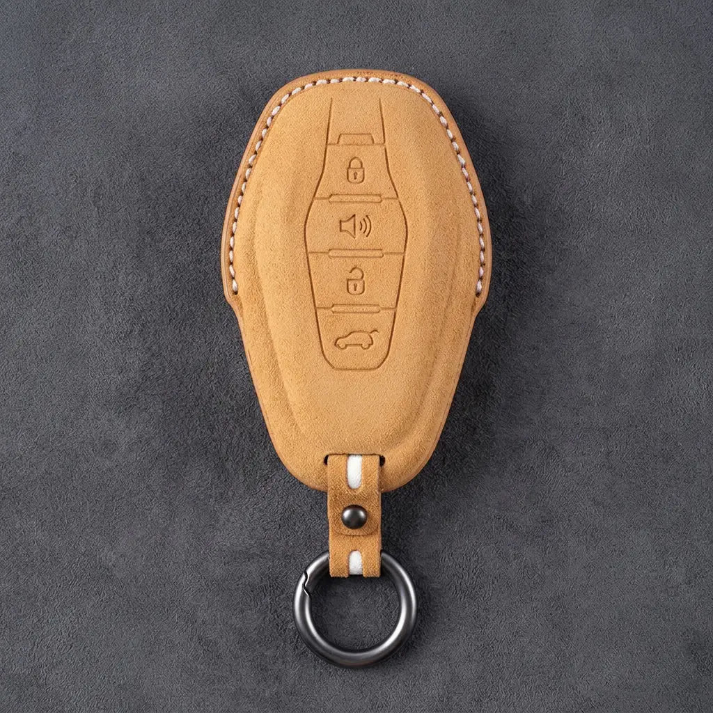 Jetour Hand-Stitched Alcantara Key Fob Cover – 4-Button Smart Key - Soft Brown