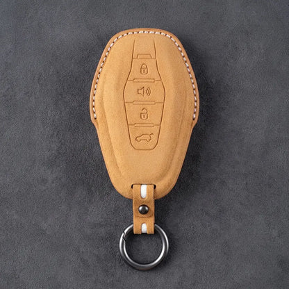 Jetour Hand-Stitched Alcantara Key Fob Cover – 4-Button Smart Key - Soft Brown