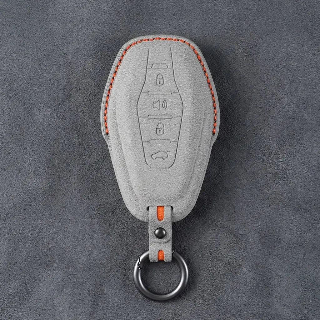 Jetour Hand-Stitched Alcantara Key Fob Cover – 4-Button Smart Key - White