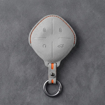 Jetour Hand-Stitched Alcantara Key Fob Cover – Diamond 4-Button - White