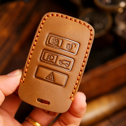 Land Rover Hand-Crafted Leather Key Fob Cover - Rectangular 5-Button - In Hand Close Up