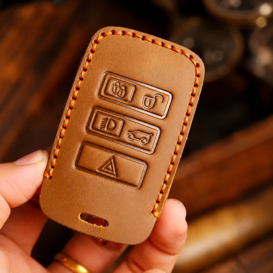 Land Rover Hand-Crafted Leather Key Fob Cover - Rectangular 5-Button - In Hand Close Up