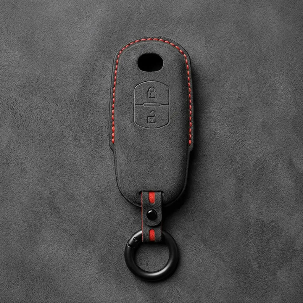 Mazda Hand-Stitched Alcantara Key Fob Cover - 2-Button Vertical Smart Key - Dark Charcoal