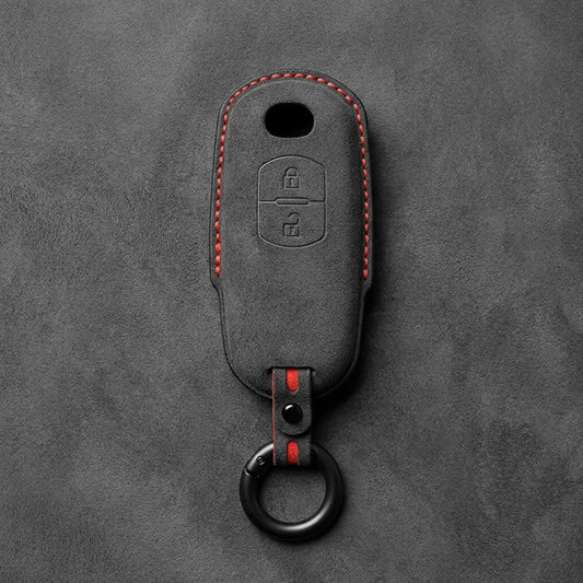 Mazda Hand-Stitched Alcantara Key Fob Cover - 2-Button Vertical Smart Key - Dark Charcoal