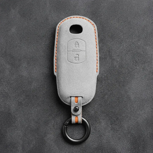 Mazda Hand-Stitched Alcantara Key Fob Cover - 2-Button Vertical Smart Key - White