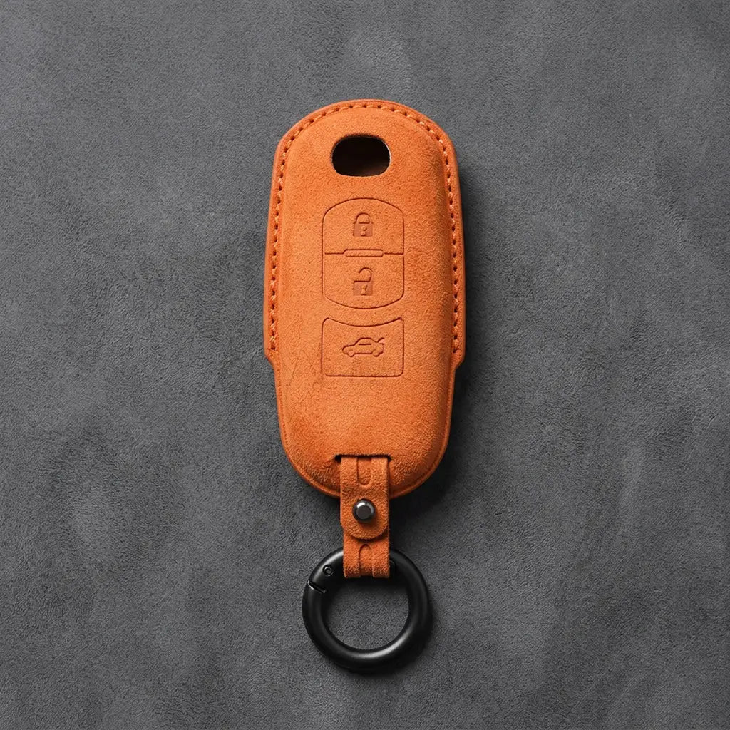 Mazda Hand-Stitched Alcantara Key Fob Cover – Vertical Smart Key - Orange