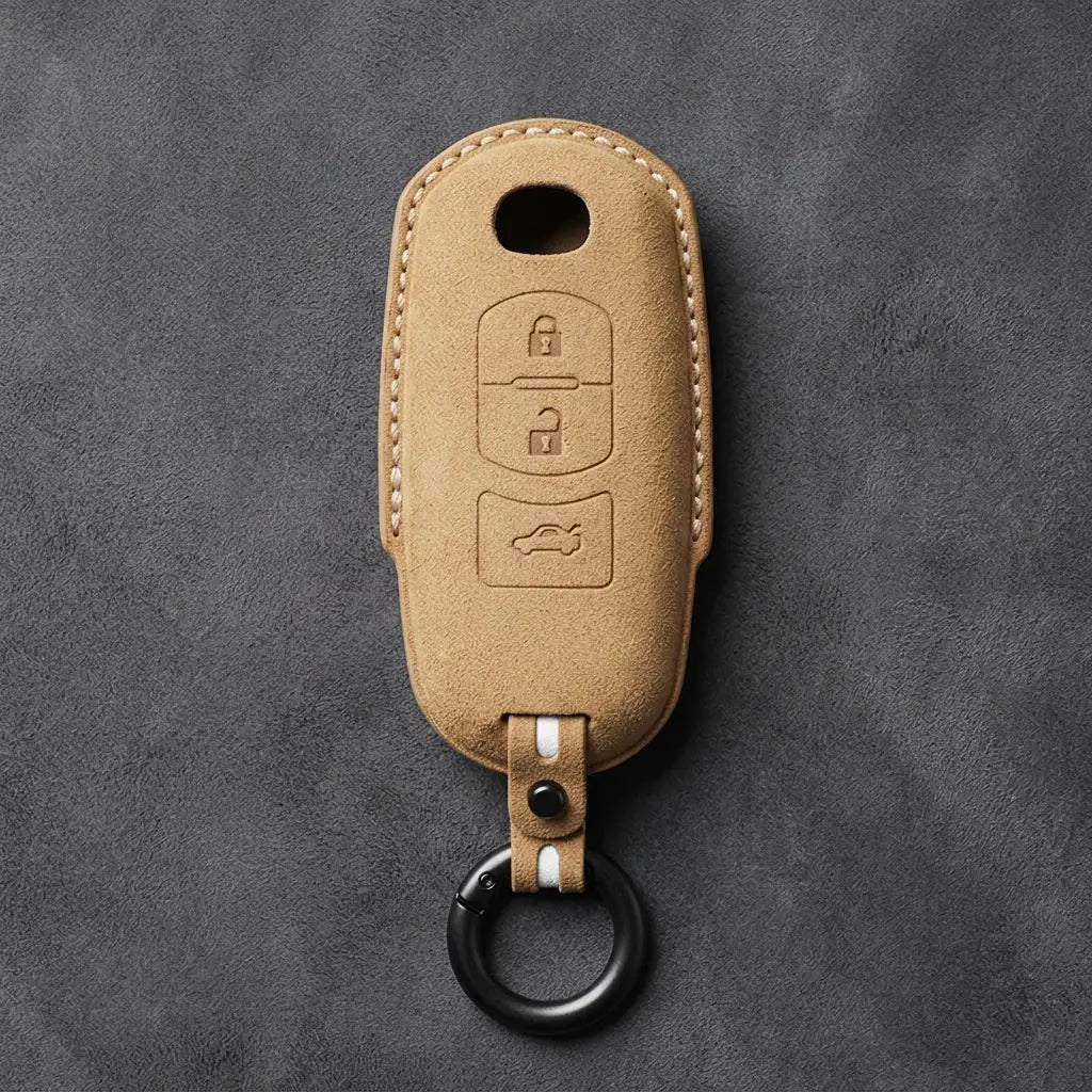 Mazda Hand-Stitched Alcantara Key Fob Cover – Vertical Smart Key - Soft Brown
