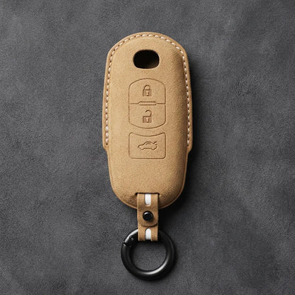 Mazda Hand-Stitched Alcantara Key Fob Cover – Vertical Smart Key - Soft Brown