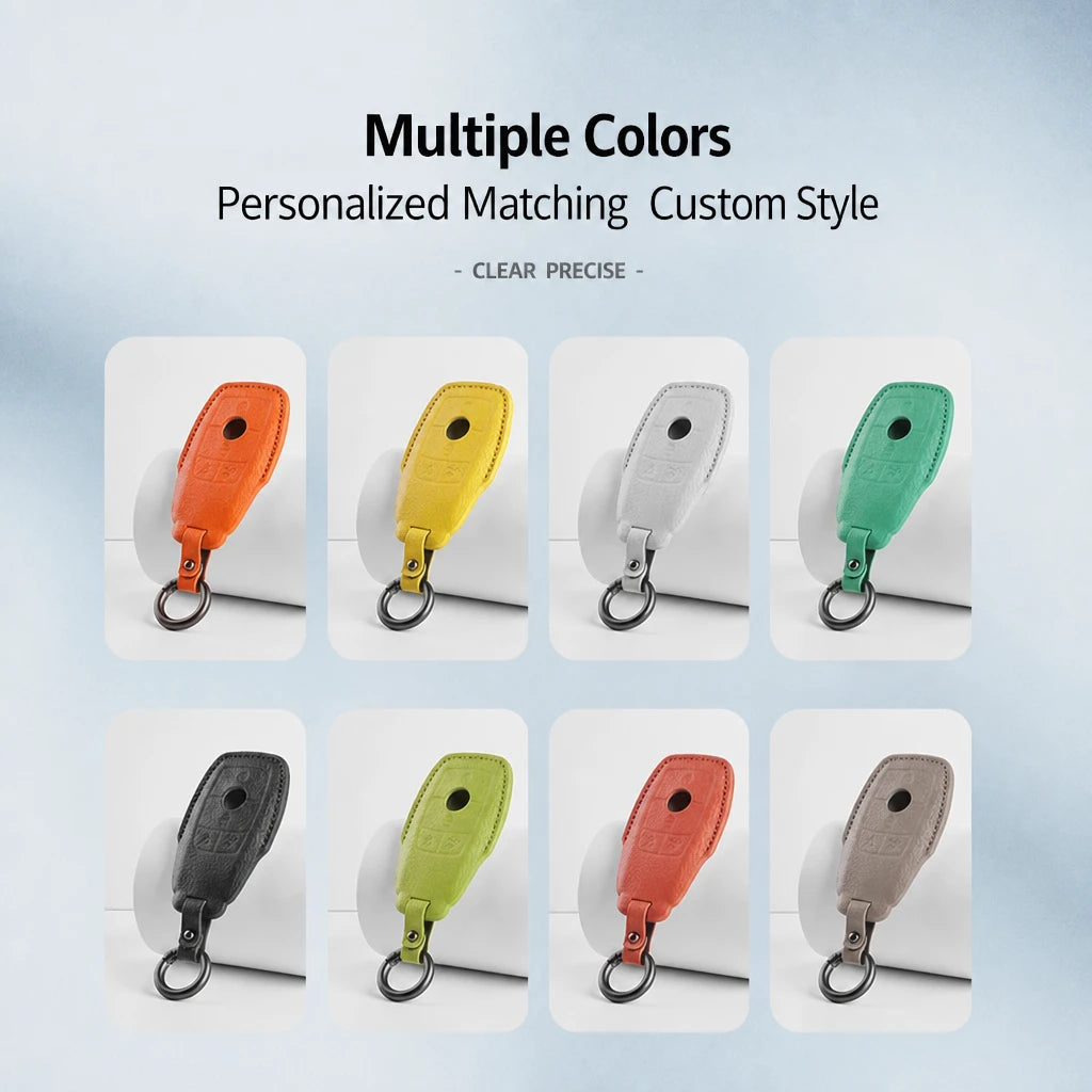 A promotional graphic showing eight small views of a keychain-style case in different colors, with text at the top reading 'Multiple Colors' and 'Personalized Matching Custom Style.' The cases appear in orange, yellow, white, mint green, dark gray, lime green, coral pink, and taupe, each with a metal key ring attached.