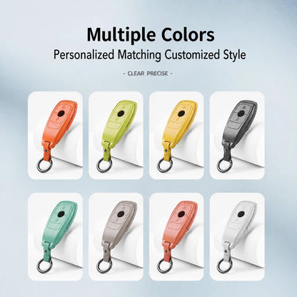 A promotional graphic showing eight color options for a key fob cover or keychain case, arranged in a 2x4 grid on a light blue background. Text at the top reads 'Multiple Colors' and 'Personalized Matching Customized Style.