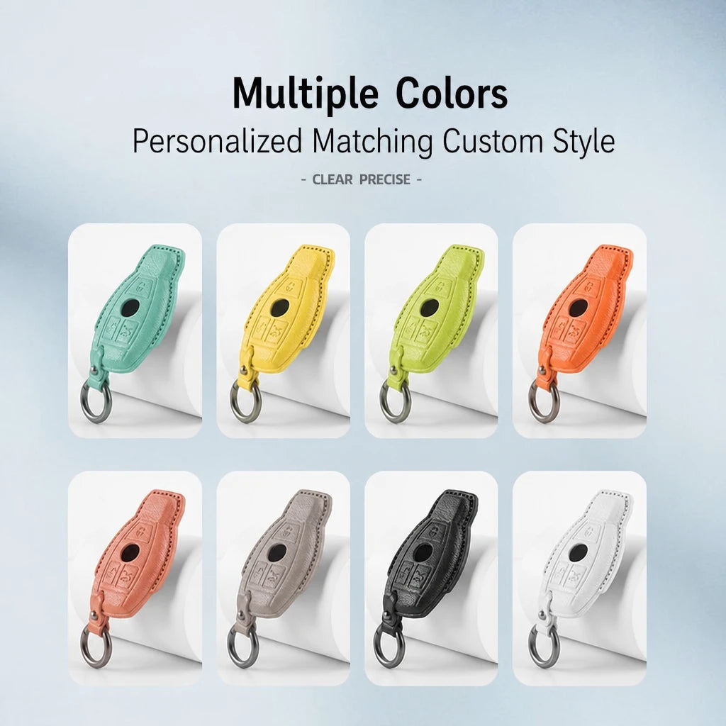 A promotional graphic showing eight small leather key fob cases in different colors arranged in a grid, with text at the top reading 'Multiple Colors' and 'Personalized Matching Custom Style'. The fobs are shown on white card-like stands against a pale blue background.