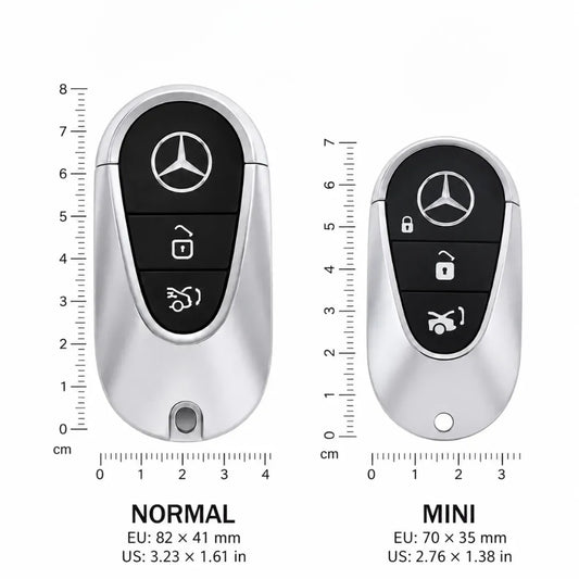 Two Mercedes-Benz key fobs shown side by side with measurement rulers and labels reading NORMAL 82MM X 41MM and MINI 70MM X 35MM, on a white background.