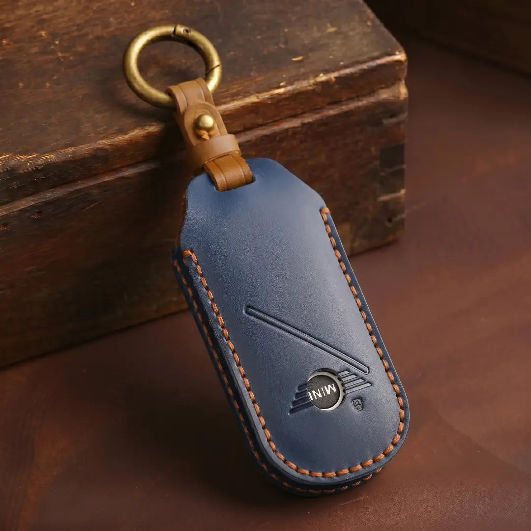 Mini Cooper Hand-Crafted Leather Key Fob Cover – Oval Smart Key Navy