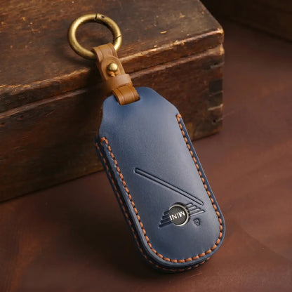 Mini Cooper Hand-Crafted Leather Key Fob Cover – Oval Smart Key Navy