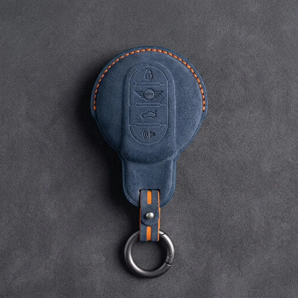 Mini Cooper Hand Stitched Alcantara Key Fob Cover Circular Panic Smart Key Cobalt Blue