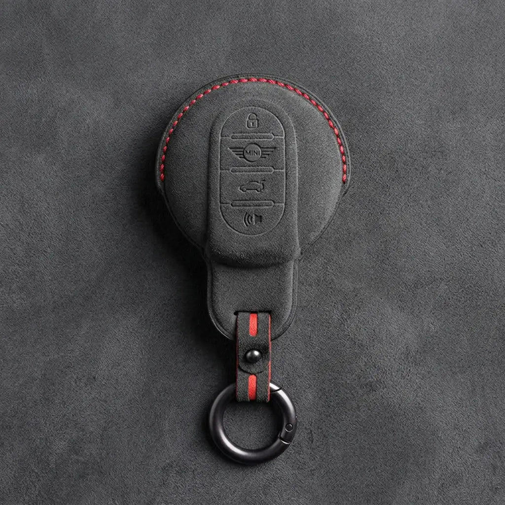 Mini Cooper Hand Stitched Alcantara Key Fob Cover Circular Panic Smart Key Dark Charcoal
