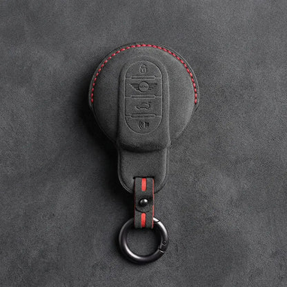 Mini Cooper Hand Stitched Alcantara Key Fob Cover Circular Panic Smart Key Dark Charcoal