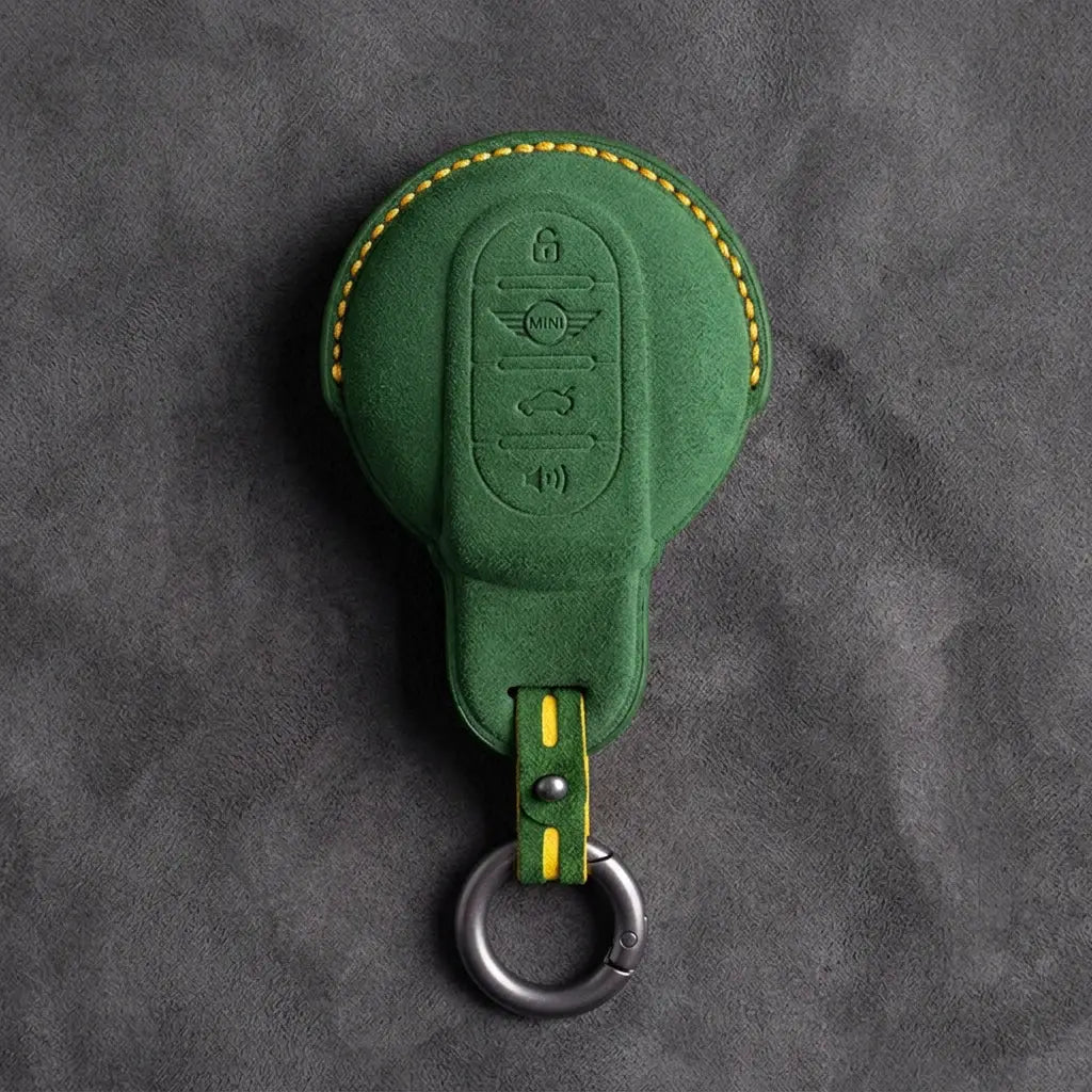 Mini Cooper Hand Stitched Alcantara Key Fob Cover Circular Panic Smart Key Grass Green
