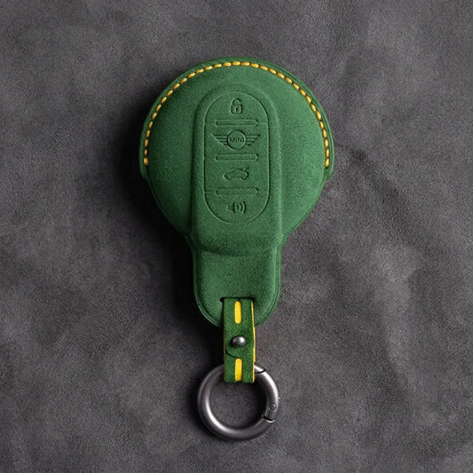 Mini Cooper Hand Stitched Alcantara Key Fob Cover Circular Panic Smart Key Grass Green
