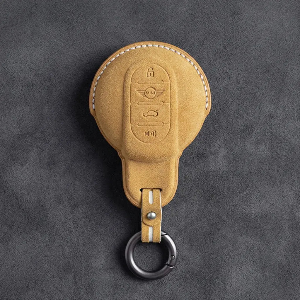 Mini Cooper Hand Stitched Alcantara Key Fob Cover Circular Panic Smart Key Soft Brown
