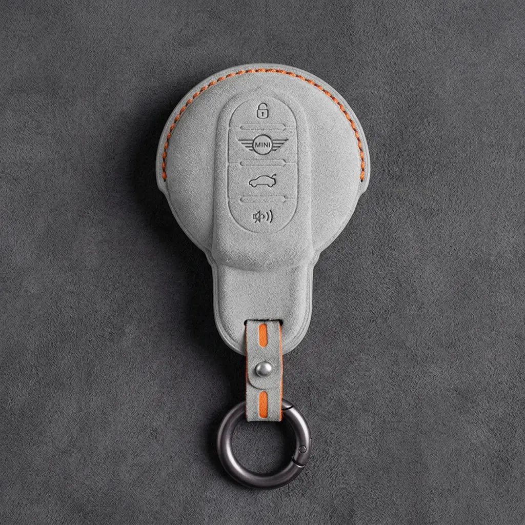 Mini Cooper Hand Stitched Alcantara Key Fob Cover Circular Panic Smart Key White