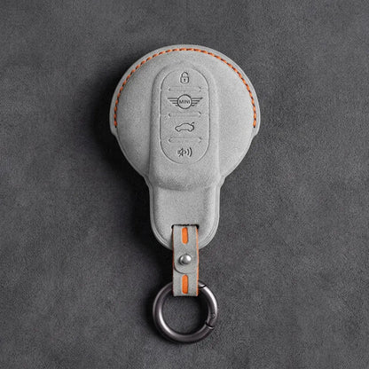 Mini Cooper Hand Stitched Alcantara Key Fob Cover Circular Panic Smart Key White