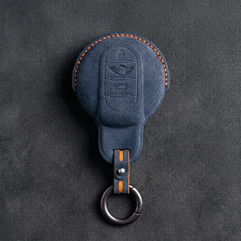Mini Cooper Hand - Stitched Alcantara Key Fob Cover – Circular Smart Key - Cobalt blue