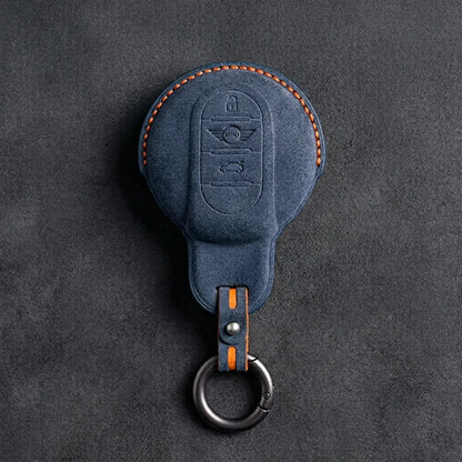 Mini Cooper Hand - Stitched Alcantara Key Fob Cover – Circular Smart Key - Cobalt blue