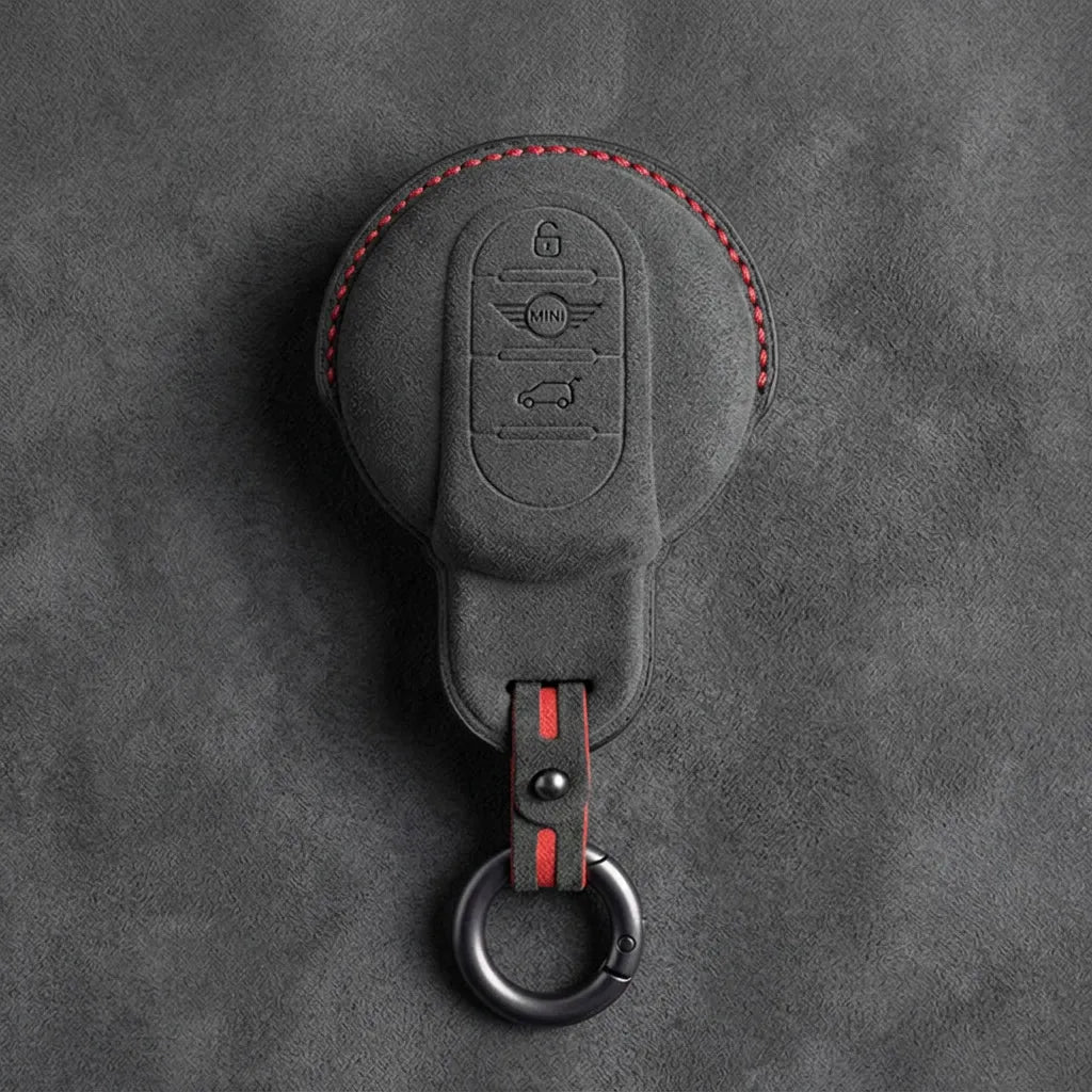 Mini Cooper Hand - Stitched Alcantara Key Fob Cover – Circular Smart Key - Dark charcoal