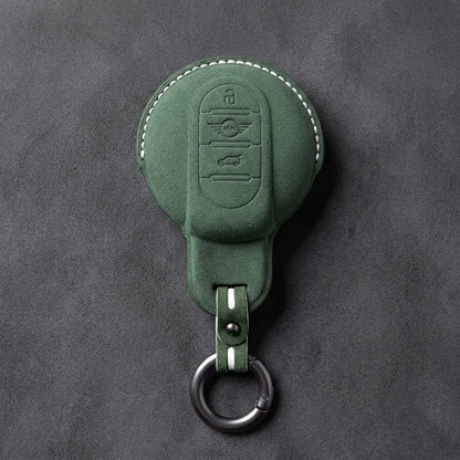 Mini Cooper Hand - Stitched Alcantara Key Fob Cover – Circular Smart Key - Dark forest green