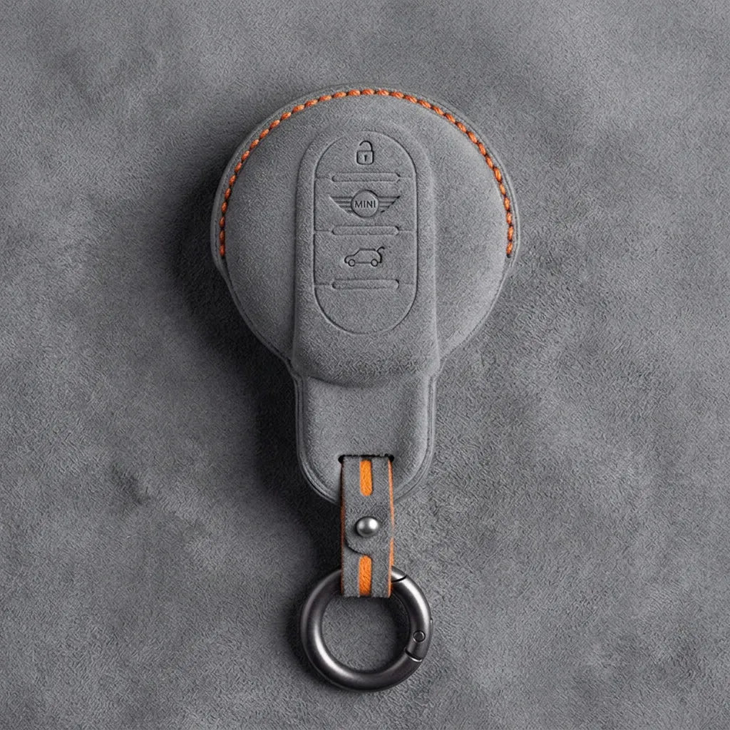 Mini Cooper Hand - Stitched Alcantara Key Fob Cover – Circular Smart Key - Dark gray