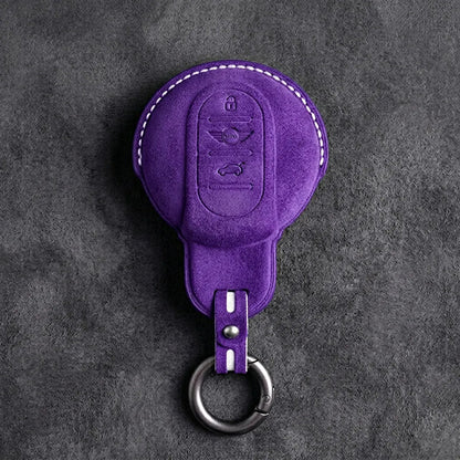 Mini Cooper Hand - Stitched Alcantara Key Fob Cover – Circular Smart Key - Dark purple