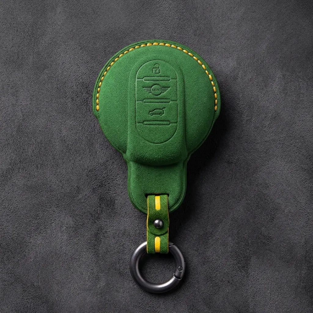Mini Cooper Hand - Stitched Alcantara Key Fob Cover – Circular Smart Key - Grass green