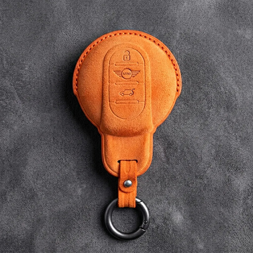 Mini Cooper Hand - Stitched Alcantara Key Fob Cover – Circular Smart Key - Orange