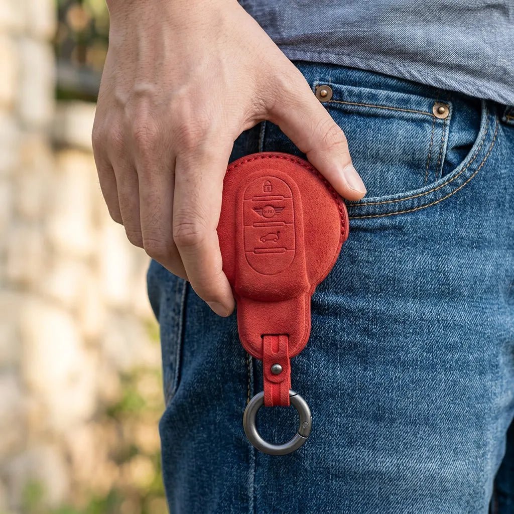 Mini Cooper Hand - Stitched Alcantara Key Fob Cover – Circular Smart Key - Red