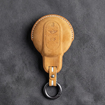 Mini Cooper Hand - Stitched Alcantara Key Fob Cover – Circular Smart Key - Soft brown