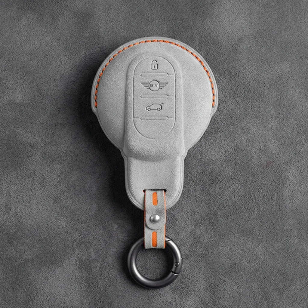 Mini Cooper Hand - Stitched Alcantara Key Fob Cover – Circular Smart Key - White