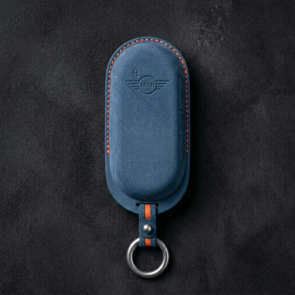 Mini Cooper Hand - Stitched Alcantara Key Fob Cover – Oval Smart Key - Cobalt blue