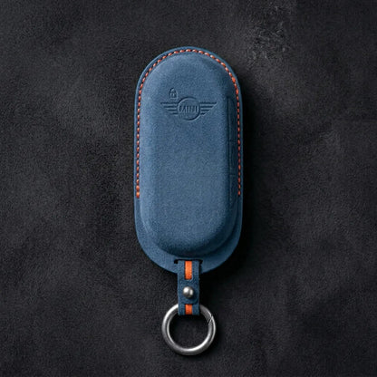 Mini Cooper Hand - Stitched Alcantara Key Fob Cover – Oval Smart Key - Cobalt blue