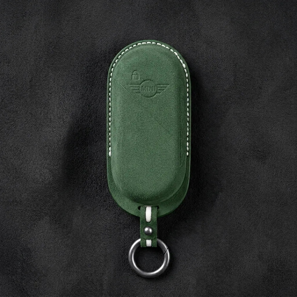 Mini Cooper Hand - Stitched Alcantara Key Fob Cover – Oval Smart Key - Dark forest green