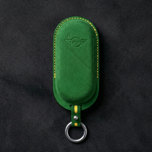 Mini Cooper Hand - Stitched Alcantara Key Fob Cover – Oval Smart Key - Grass green