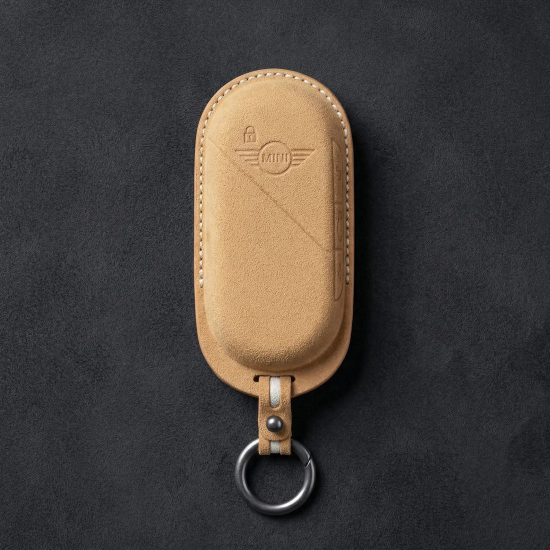Mini Cooper Hand - Stitched Alcantara Key Fob Cover – Oval Smart Key - Soft brown